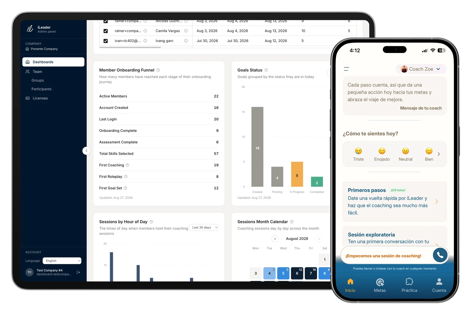 Vista previa del producto iLeader: dashboard de habilidades y chat de coaching