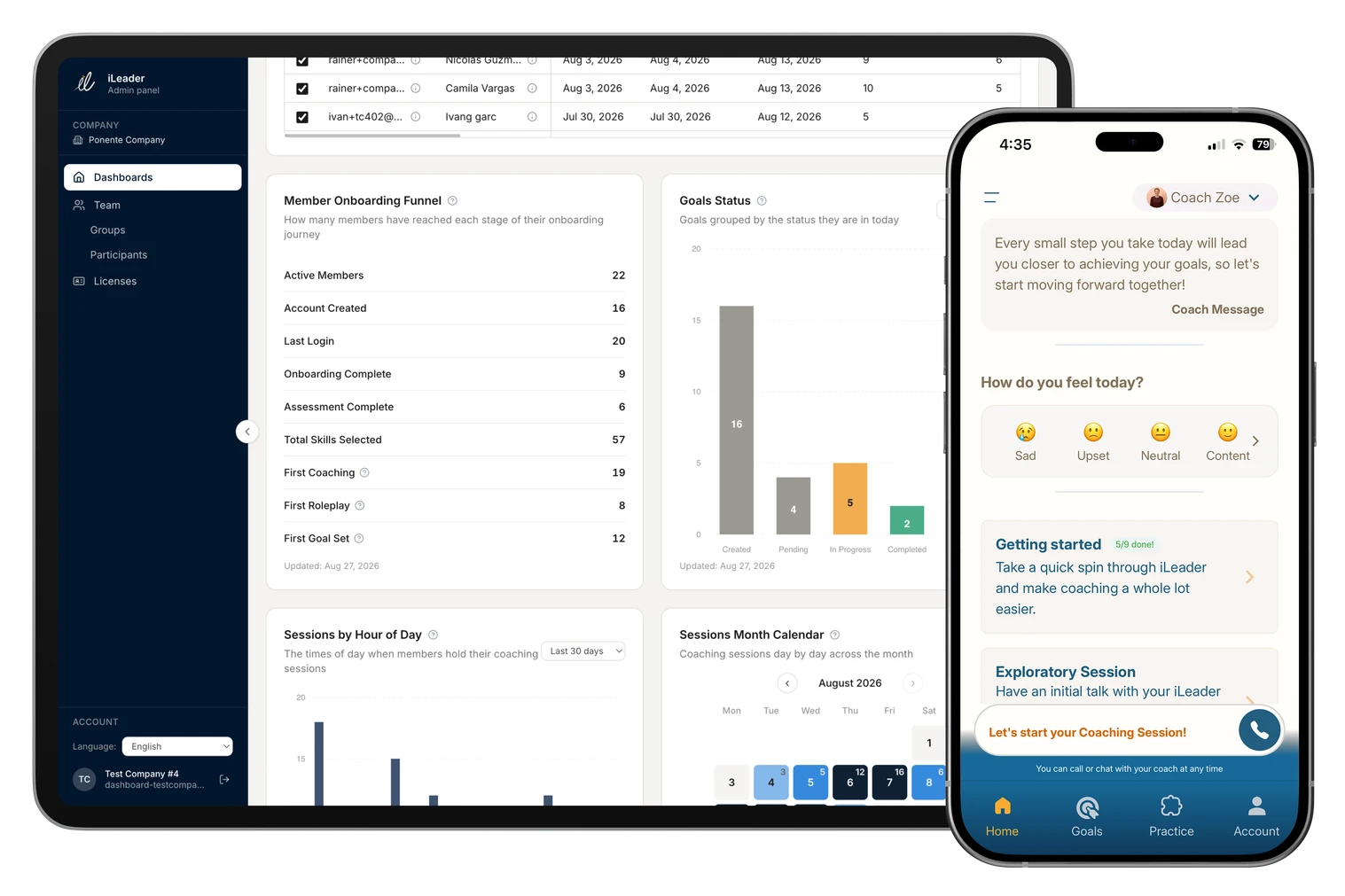 iLeader product preview: skills dashboard and coaching chat